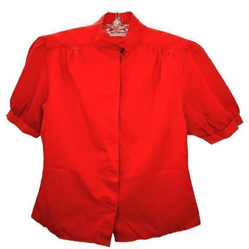 Vintage Preppy Illusion Button Up High‎ Collar Short Puffy Sleeve Blouse Shirt